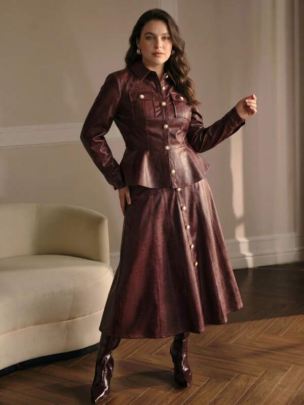 MOTF PREMIUM PLUS SIZE AUTUMN/WINTER CINCHED WAIST PU LEATHER SINGLE-BREASTED JACKET