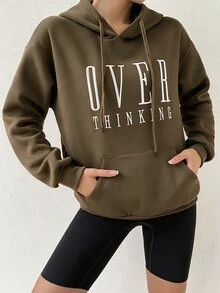 SHEIN 女款字母印花抽繩連帽休閒日常長袖運動衫 - 橄欖綠 - 查看 4