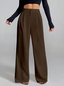 SHEIN 女款優雅法式通勤西裝長褲 - 咖啡棕 - 查看 4