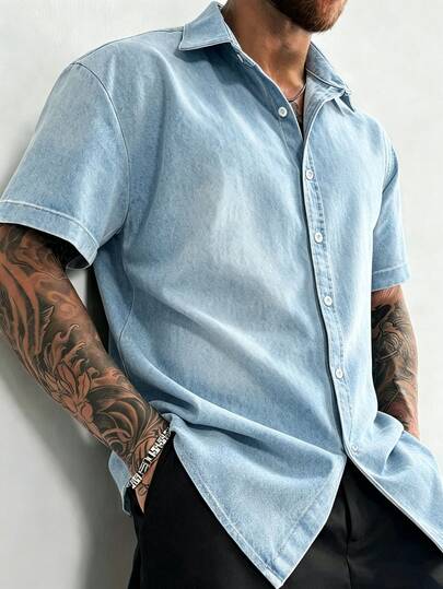 Airaco Men's Summer Casual Denim Effect Print Shirt