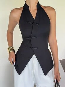 Sunnyshic Elegant New Chinese Style Suit Fabric Chinese Style Frog Button Design Unique Design Early Spring Fashion Minimalist Versatile New Women's Blazer - Black - View 3