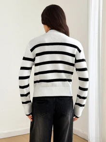 SHEIN Tall Women's Black And White Striped Turtleneck Long Sleeve Casual Sweater - Black and White - View 2