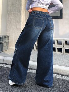 SHEIN ICON 大尺碼女款拼接休閒百搭日常牛仔褲 - 深色水洗藍 - 查看 2