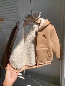 SHEIN 中性嬰兒男孩/女孩、幼兒秋冬超厚抓絨內裡連帽夾克，嬰兒加厚外套，冬季外套，絎縫外套，抓絨，加厚 - 棕色 - 查看 7