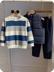 SHEIN 3pcs/Set Young Boy Autumn/Winter Cute Casual Versatile Fleece Lined Thick Vest Jacket, Khaki Striped Sweatshirt, Tracksuit Joggers Long Pants, Suitable For Indoor, Outdoor, Daily, Sports, Play, Party, Photo, Vacation, Holiday - Navy Blue - View 13