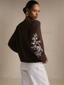 Poéselle Women's Brown Floral Embroidered Fuzzy Knit Sweater Soft Cozy Crewneck Long Sleeve Pullover Fall Christmas Everyday French Elegant Romantic Brunch - Brown - View 2
