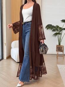 Yasmyna Women's Black V-Neck Lace Embroidered Patchwork Cardigan Long Robe, Layered Patchwork Flared Long Robe For Spring/Autumn Daily Commute And Dating - Coffee Brown - View 8