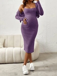 SHEIN 孕婦純色開衩設計細肩帶洋裝與長袖開襟衫休閒兩件套 - 紫色 - 查看 5