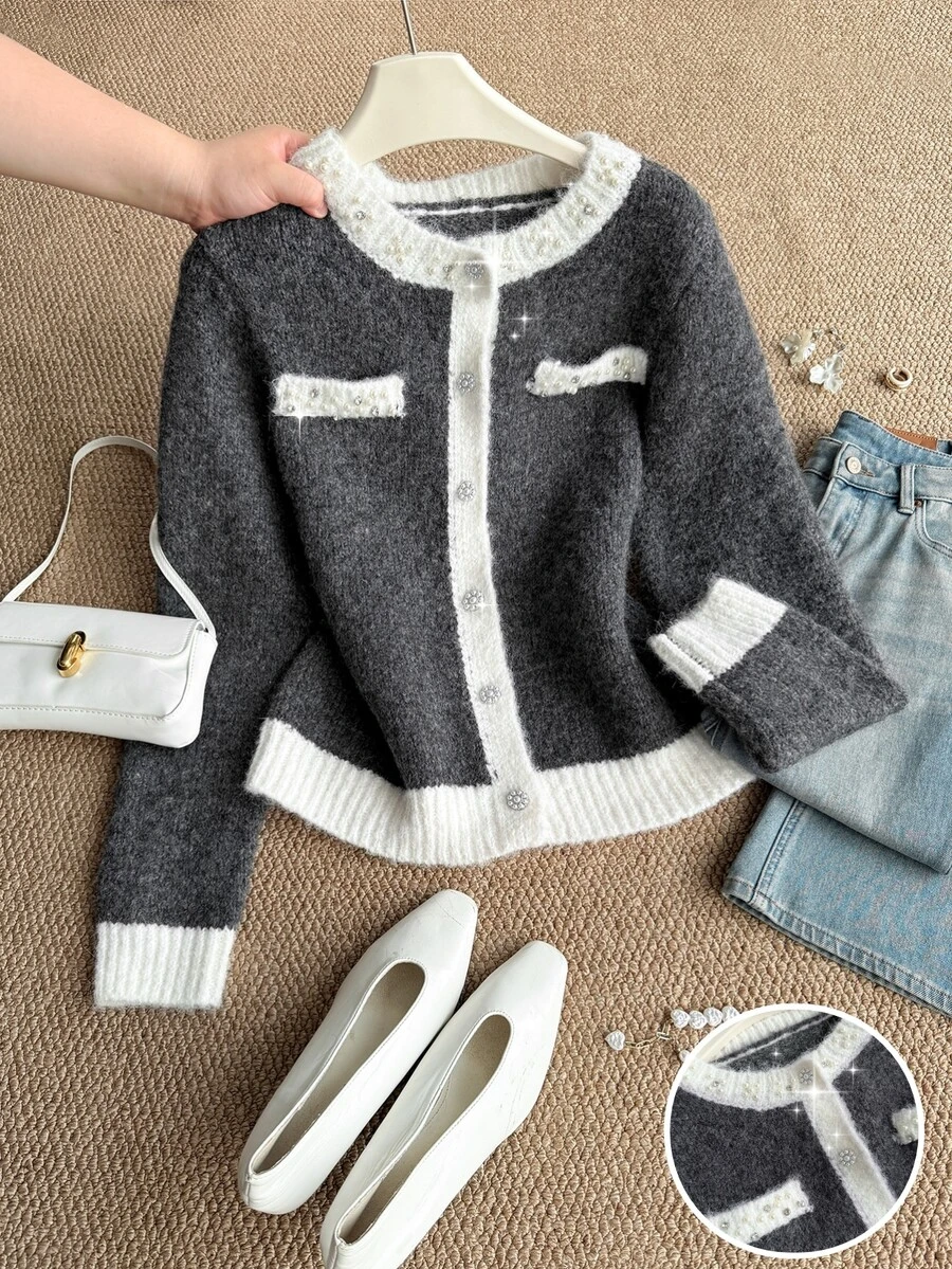 Grovea Plus Size Women's Colorblock Casual Elegant Versatile Daily Cardigan Office Formal Gray Autumn - Dark Grey - View 1