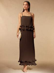 Silquee Women's Pleated Multi-Layer Hem Cami Dress - Coffee Brown - View 3