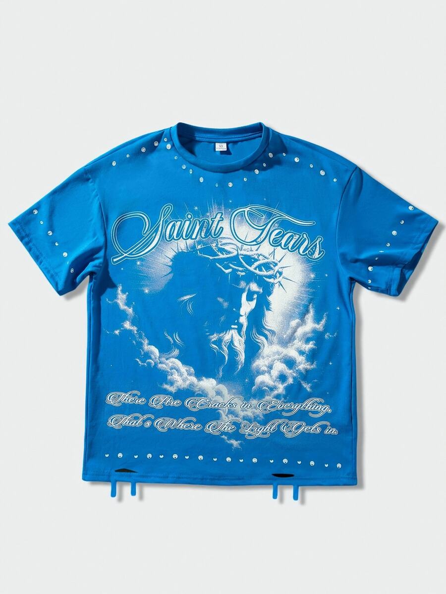 ROMWE MEN Street Life Teen Street Jesus Print Short Sleeve T-Shirt - Blue - View 1