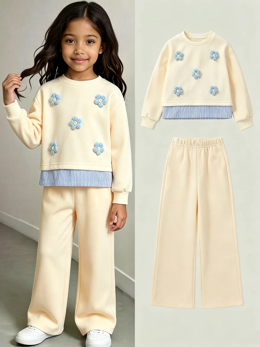 Elladie kids 女童韓系活力寬鬆灰色花卉衛衣 2合1蝴蝶結圖案 2件套 - 卡其色 - 查看 1