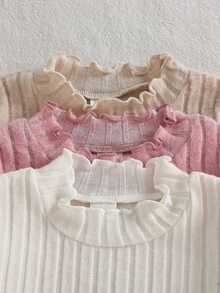 SHEIN 3件組女嬰粉色白色杏色純色荷葉領長袖毛絨針織羅紋內搭上衣，休閒可愛甜美韓系簡約針織T恤上衣，適合春秋冬季日常穿著、旅行、度假、派對、聚會及其他室內外場合 - 彩色 - 查看 5