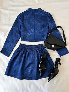Franclia Spring/Autumn New Chinese Style Navy Blue Dark Pattern Dragon Motif 2 Pieces Set, Stand Collar Frog Button Short Puff Sleeve Top + High Waist A-Line Shorts, Vintage Modified Cheongsam Slimming Commute Travel Outfit - Navy Blue - View 3