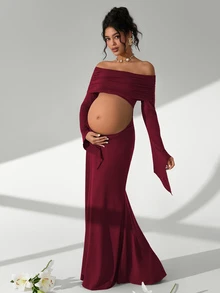 Cheriluna Maternity 女款露肩抓皺短版上衣 長袖緊身 孕婦拍照拍攝用 - 酒紅色 - 查看 4