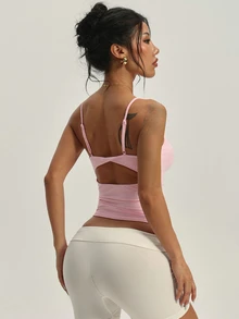 SHEIN Dewbera 女款無縫瑜伽運動背心，露背細肩帶設計 - 粉色 - 查看 8