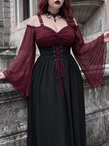 Whyspr Goth Plus Size Halloween Burgundy Patchwork Asymmetrical Hem Witch Camisole Tie-Up Dress - Multicolor - View 7