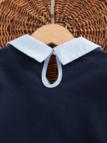 SHEIN 女童字母印花 2 合 1 拼接休閒日常長袖衛衣 - 藏蓝色 - 查看 5