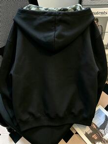 Resyla 女款外套上衣，秋冬新款，雙層連帽拉鍊運動衫，黑色迷彩拼接，寬鬆慵懶休閒，街頭通勤夾克 - 黑色 - 查看 2