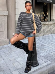 Muchica 女款條紋休閒百搭日常穿著長袖衛衣 - 淺灰色 - 查看 4