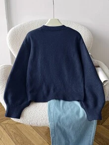 SHEIN 少女寬鬆休閒極簡舒適圓領長袖蝴蝶結串珠開襟衫，秋季返校季 - 藍色 - 查看 2