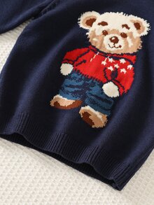 SHEIN Young Boy Casual Minimalist Fashion Warm Comfortable Classic Collegiate, Bear Pattern, Cute Style, Sweater Suitable For Autumn/Winter - Navy Blue - View 4