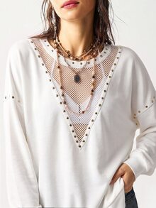 Bohemela 女款性感網紗拼接鉚釘長袖運動衫 - 白色 - 查看 6