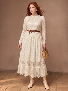 MOTF PREMIUM PLUS SIZE WOMEN'S LACE & PEARL CHAIN DECOR DRESS - Beige - View 3