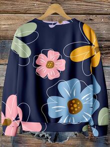 SHEIN LUNE 女款花卉印花圓領長袖休閒衛衣，適合度假穿著 - 彩色 - 查看 2