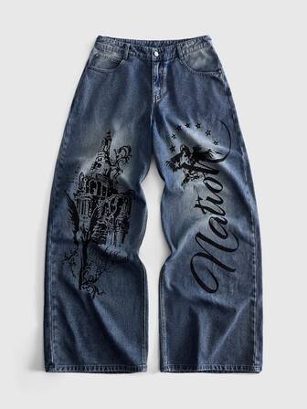 Jean en denim à coupe ample et courbe avec motif imprimé pour hommes