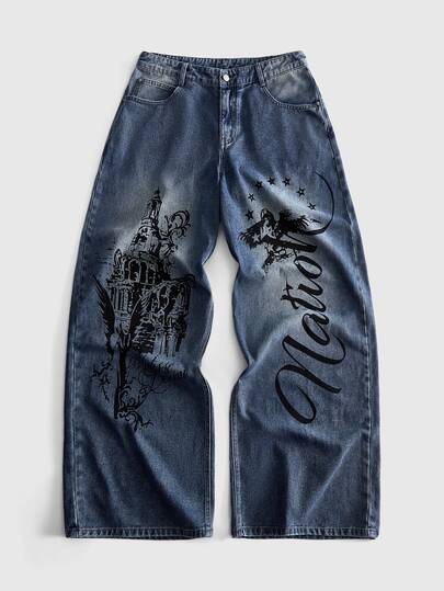 Men's Printed Pattern Curved Loose Fit Denim Jeans