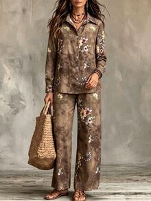 Linhara CURVE Plus Size Women's Casual Shirt And Pants Set - Brown - View 4