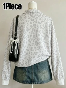 1件少女豹紋小馬圖案休閒百搭半拉鍊領運動衫，適合日常穿著，舒適自在 - 彩色 - 查看 2