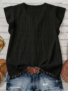 Comfylo Plus Size Women's Solid Color V-Neck Casual Everyday Shirt - Black - View 2