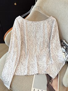 SHEIN LUNE CURVE Plus Size Women V-Neck Lace Patchwork Fitted Versatile Daily Casual Long Sleeve T-Shirt Fall - White - View 2