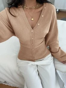Siren Gaze Women's Solid Color Button-Front Fitted Waist Knit Cardigan, Casual Everyday Wear, Autumn/Winter - Camel - View 1