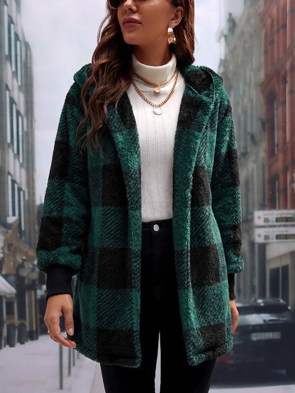 SHEIN LUNE Chaqueta con capucha casual regular para mujer con puños acanalados y diseño de jacquard en forma de S, hecha de tela de felpa de doble cara cómoda, adecuada para actividades al aire libre, uso en invierno, estilo casual de negocios y lugar de trabajo, mostrando un estilo elegante