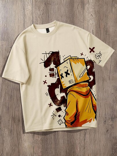 Manfinity Joysei Graffiti Illustration Style Oversized Crew Neck Short Sleeve T-Shirt, Fun Graffiti Lights Up Daily Wear, Casual Oversized Fit Showcases Your Unrestrained Street Style, Suitable For Young Fashion-Forward People Who Pursue Original Design And Value Outfit Personalized