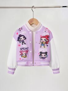 SHEIN Elladie kids Girls' Spring/Autumn Pink & White Colorblock Baseball Jacket, Cartoon Girl Star & Letter Print, Ribbed Stand Collar, Single-Breasted, Short Length, Lo - Purple - View 6