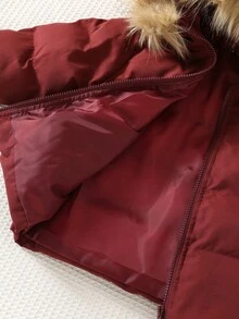 SHEIN Young Boy Plush Patchwork Solid Color Zipper Casual Versatile Winter Padded Coat - Burgundy - View 6