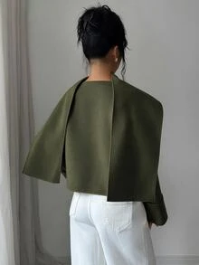 Elenzga Atasan Syal Lengan Panjang Belahan Depan Warna Aprikot Campuran Wol untuk Kencan - Hijau - View 2