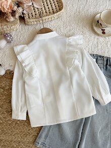 SHEIN Young Girl Woven Solid Color 3D Bow Stand Collar Ruffle Casual Shirt,White Tops,Back To School,Long Sleeve Tops,White Tops - White - View 6