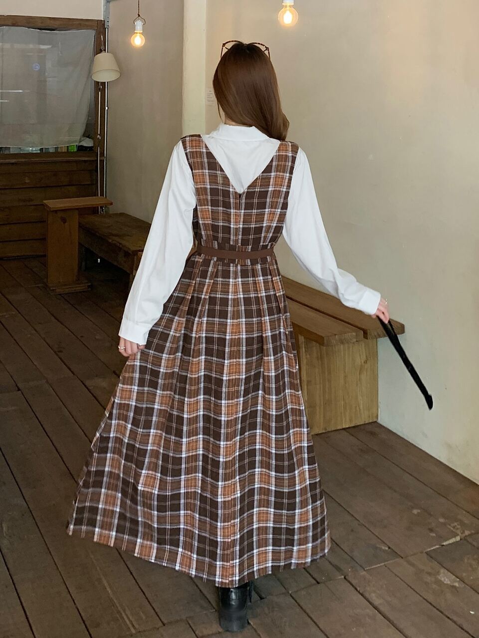 Women's Commuter Fashion V-Neck Waist-Cinching Strap Midi Dress Fall