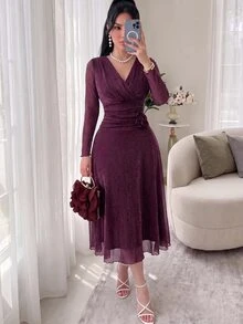 Feyla Women's V-Neck 3D Floral Decor Casual Elegant Party Dinner Date Diner Long Dress Wedding Dark Purple Autumn - Purple - View 6
