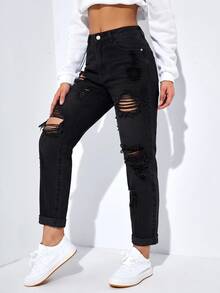 SHEIN EZwear 女款休閒日常穿著牛仔褲，附口袋、鈕扣與破洞設計 - 黑色 - 查看 5