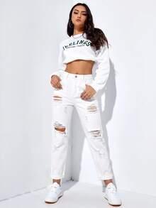 SHEIN EZwear 女款休閒日常穿著牛仔褲，附口袋、鈕扣與破洞設計 - 白色 - 查看 4