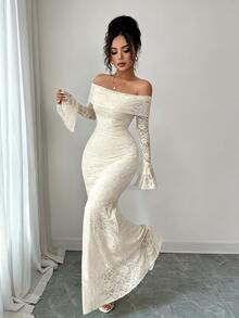 Rafferiza 女款秋季優雅時尚年輕簡約百搭修身露肩大翻領喇叭袖魚尾中長洋裝 - 杏色 - 查看 6