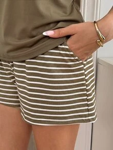 SHEIN LUNE 女款純色上衣搭配條紋短褲休閒日常兩件套 - 卡其色 - 查看 7