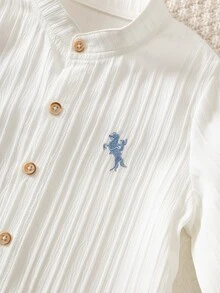 PrepCrw 兒童小男孩學院風刺繡Logo立領長袖襯衫/長褲套裝 - 藍色 - 查看 5