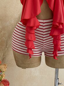 Soleia Bohemian Crochet Beach Shorts, Festival Style High Waist Woven Summer Vacation Casual Beach Pants, Mini Hot Pants Plus Women's Vacation Solid Color Asymmetric Hem Sexy Camisole Top Summer - Red - View 5